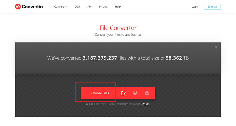 Click on Choose Files to import your DTS file into Convertio