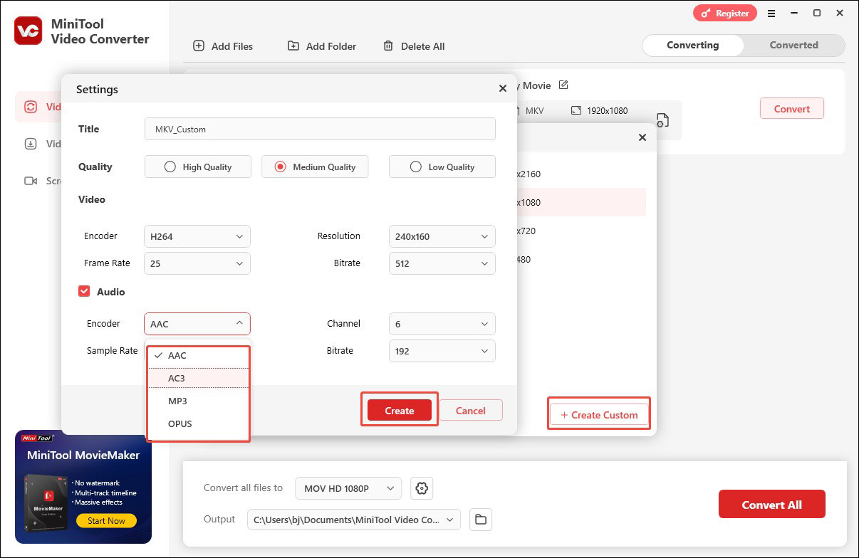 Click on + Create Custom and choose an audio codec to replace the DTS codec in MiniTool Video Converter