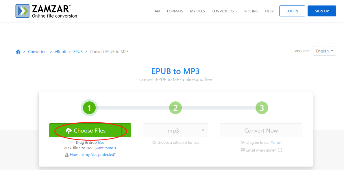 Click on Choose Files in Zamzar to import your EPUB file
