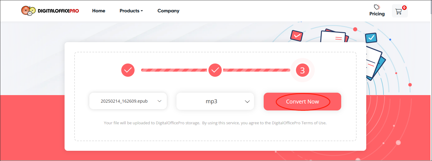 Click on Convert Now in DigitalOfficePro to begin the conversion from EPUB to MP3