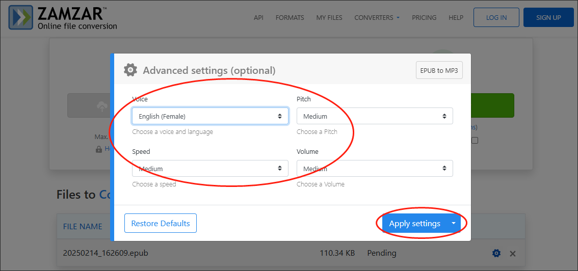 Configure settings in Zamzar and click on Apply settings to confirm the changes