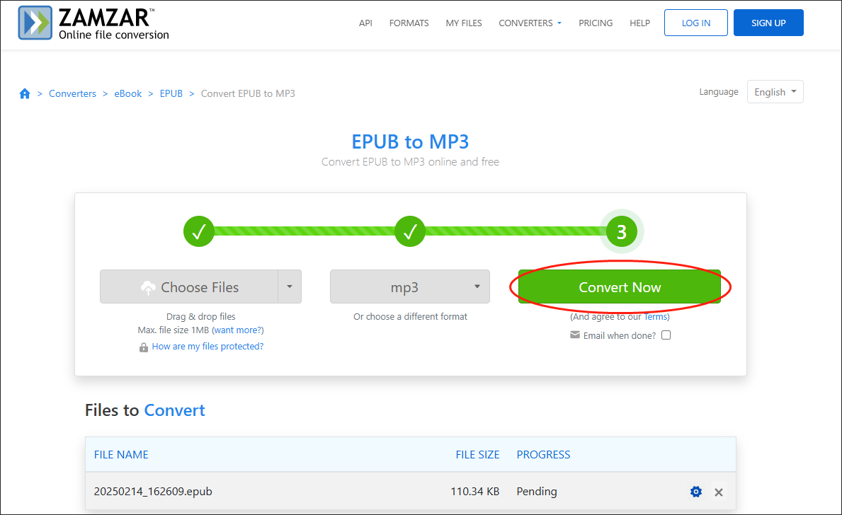 Click on Convert Now in Zamzar to begin converting EPUB to MP3