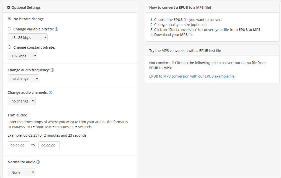 The Optional Settings section in Online-Converter