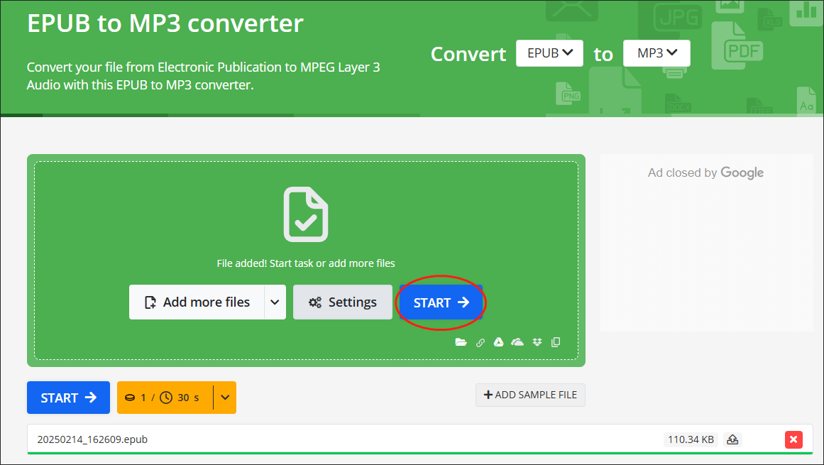 Click on START in Online-Converter to convert EPUB to MP3