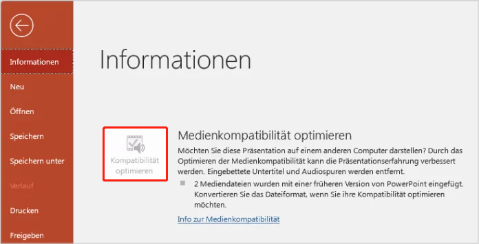 zur Optimierung der Medienkompatibilität klicken Sie in PowerPoint auf „Datei“ und dann auf „Informationen“