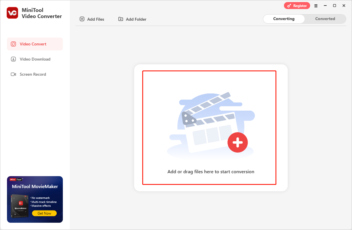 klicken Sie in MiniTool Video Converter auf den mittleren Bereich, um die zu konvertierende Datei zu laden