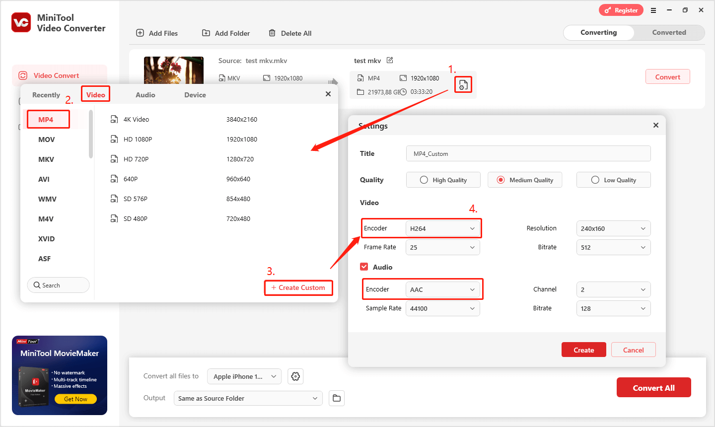 klicken Sie in MiniTool Video Converter auf „+ Benutzerdefiniert erstellen“, um ein benutzerdefiniertes Format zu erstellen