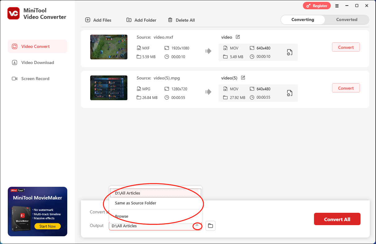 Expand the Output option in MiniTool Video Converter to choose a saving path for your converted files