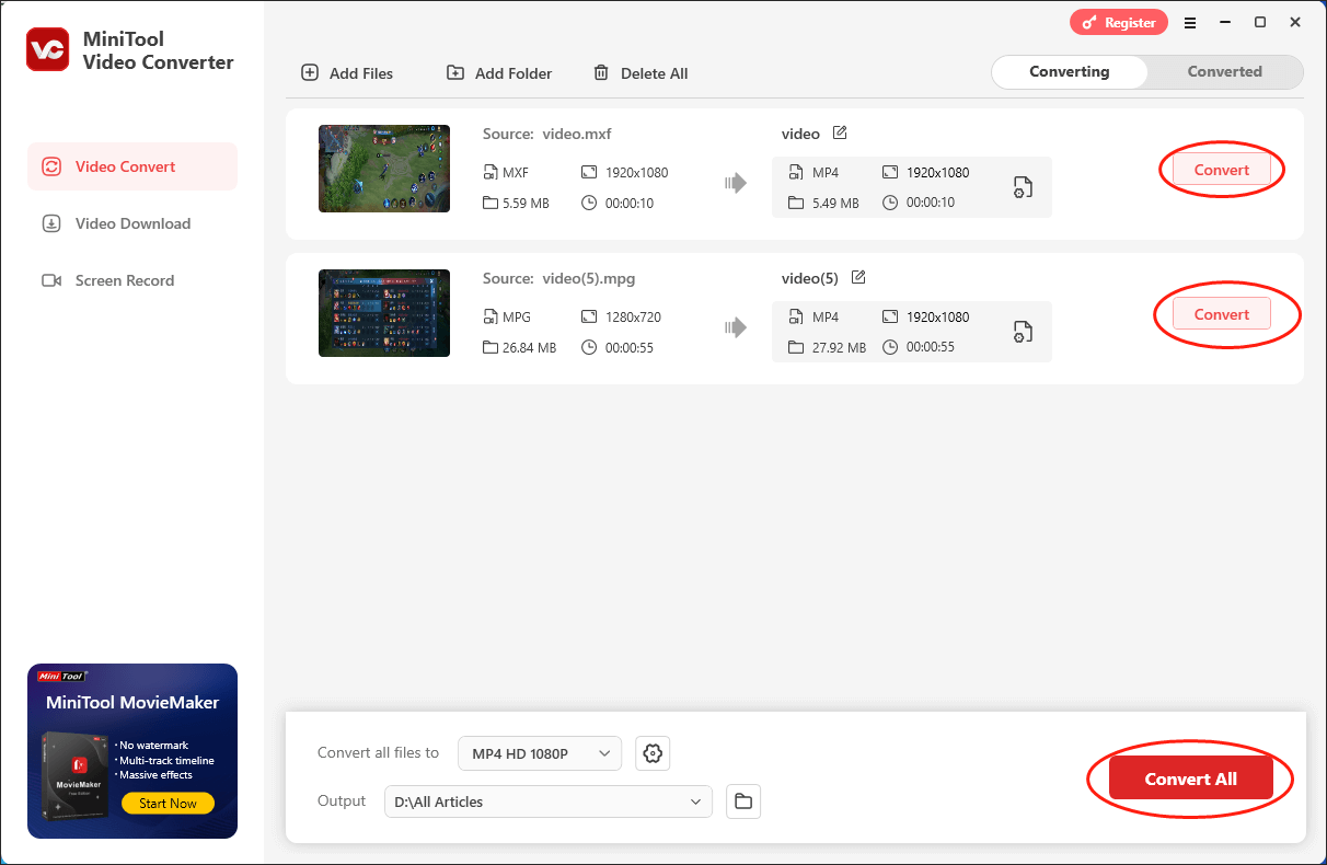 Click on the Convert or Convert All button in MiniTool Video Converter to begin the conversion