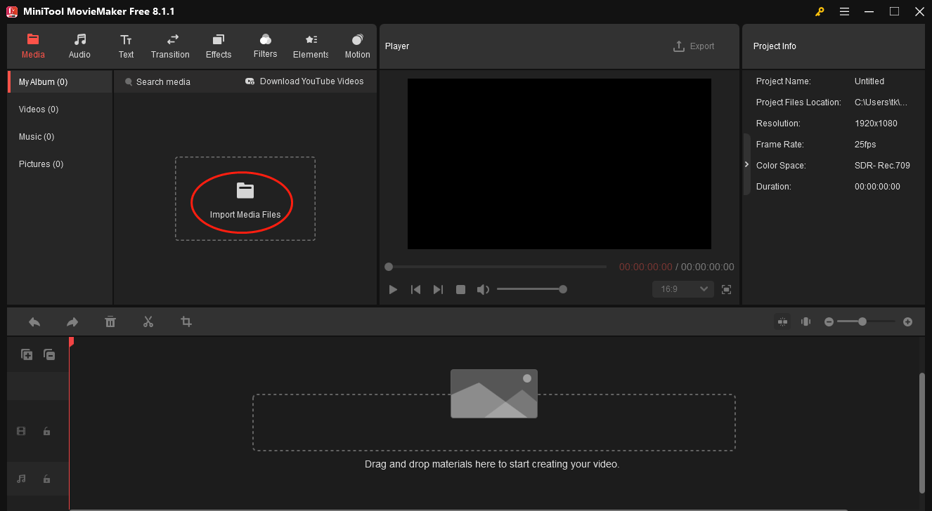 Click on Import Media Files in MiniTool MovieMaker to import your vide file