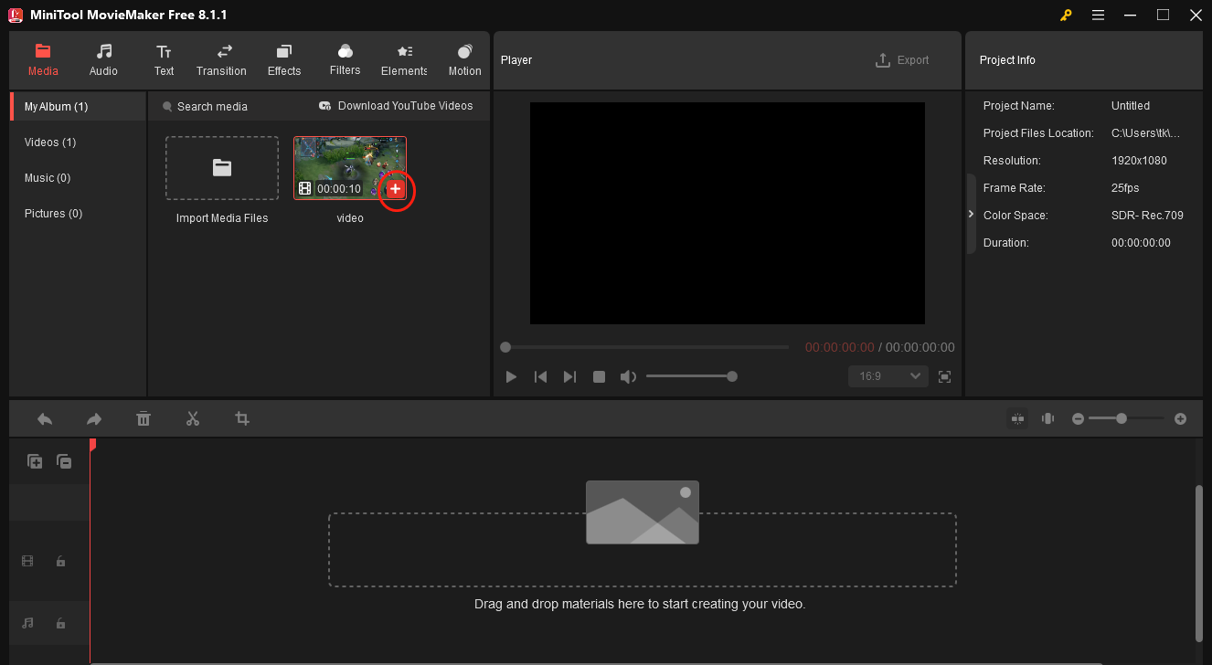 Click on plus icon in MiniTool MovieMaker to add your video file to the timeline