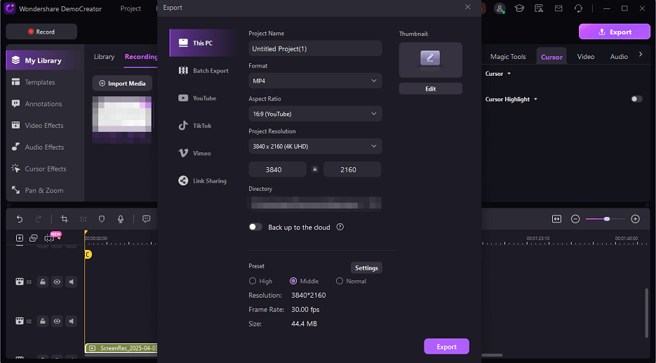 The Export window of Wondershare DemoCreator