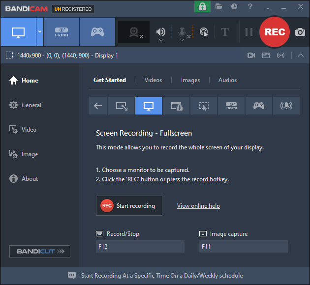 The user interface of Bandicam