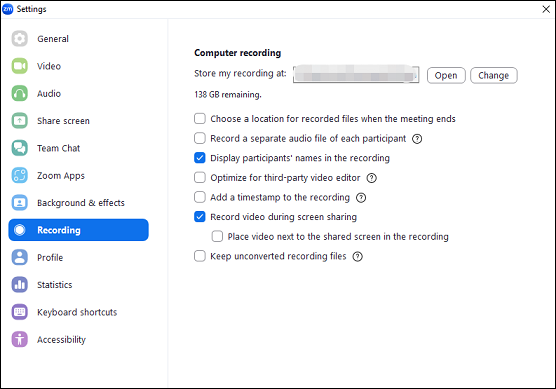 Adjust the recording settings within Zoom Workplace’s Settings