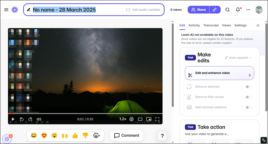 Recorded video on Loom’s website for editing and sharing