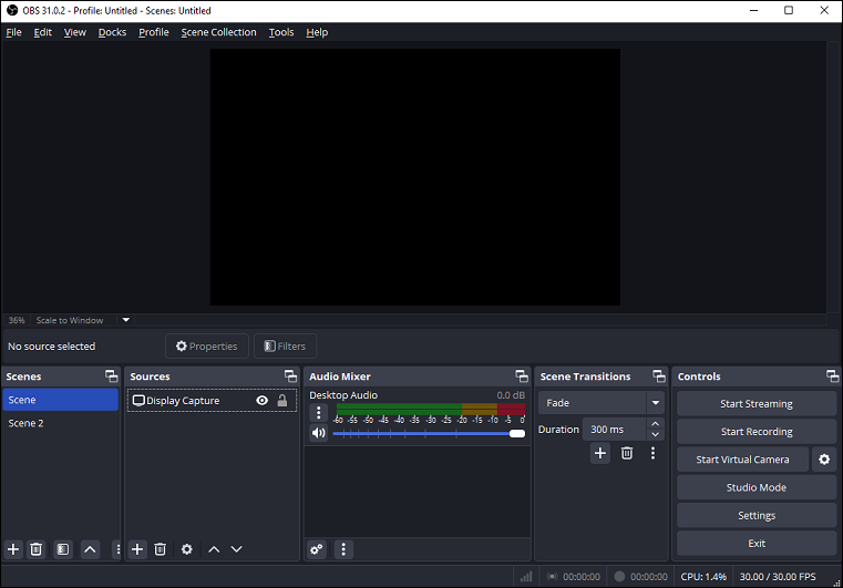 The user interface of OBS Studio