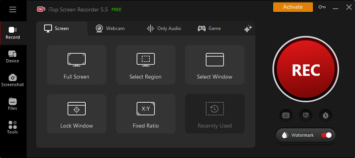 The user interface of iTop Screen Recorder