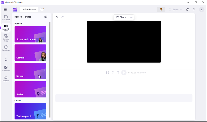 The user interface of Clipchamp in the Record & create tab