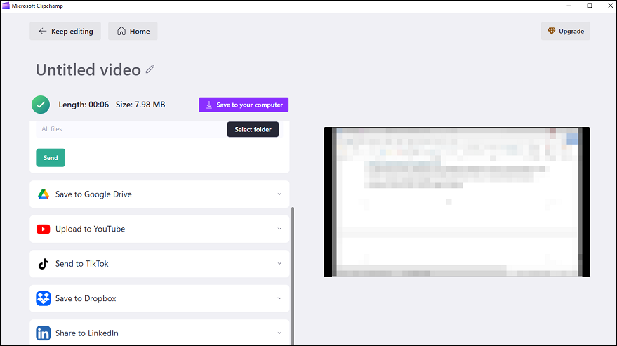 Export recorded and edited video to computer or social media platforms in Clipchamp