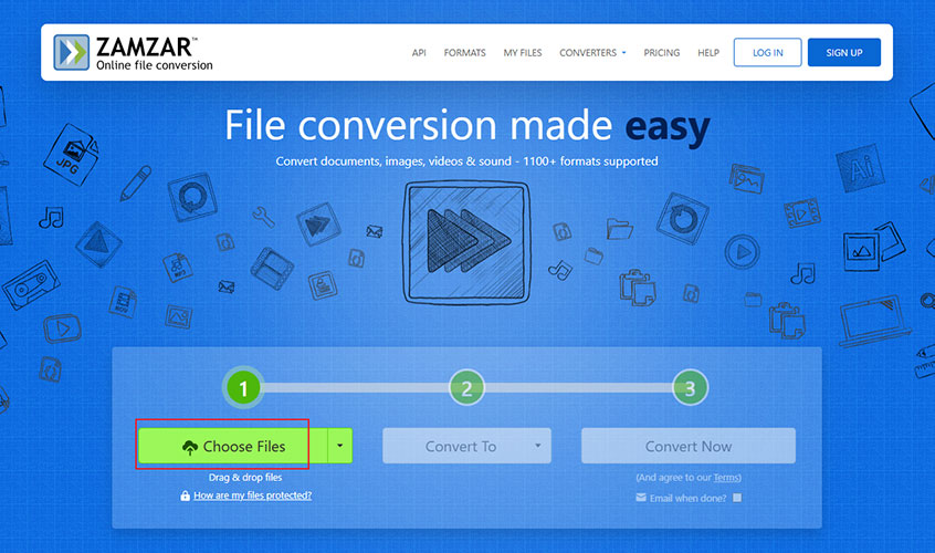 Click Choose Files to import the video with H.264 codec into Zamzar