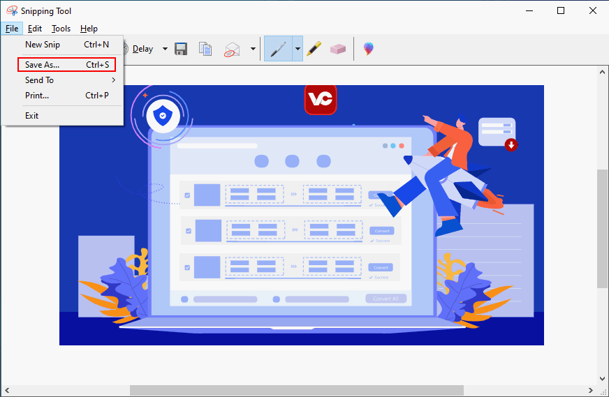 Expand the File option in Snipping Tool and click on Save As