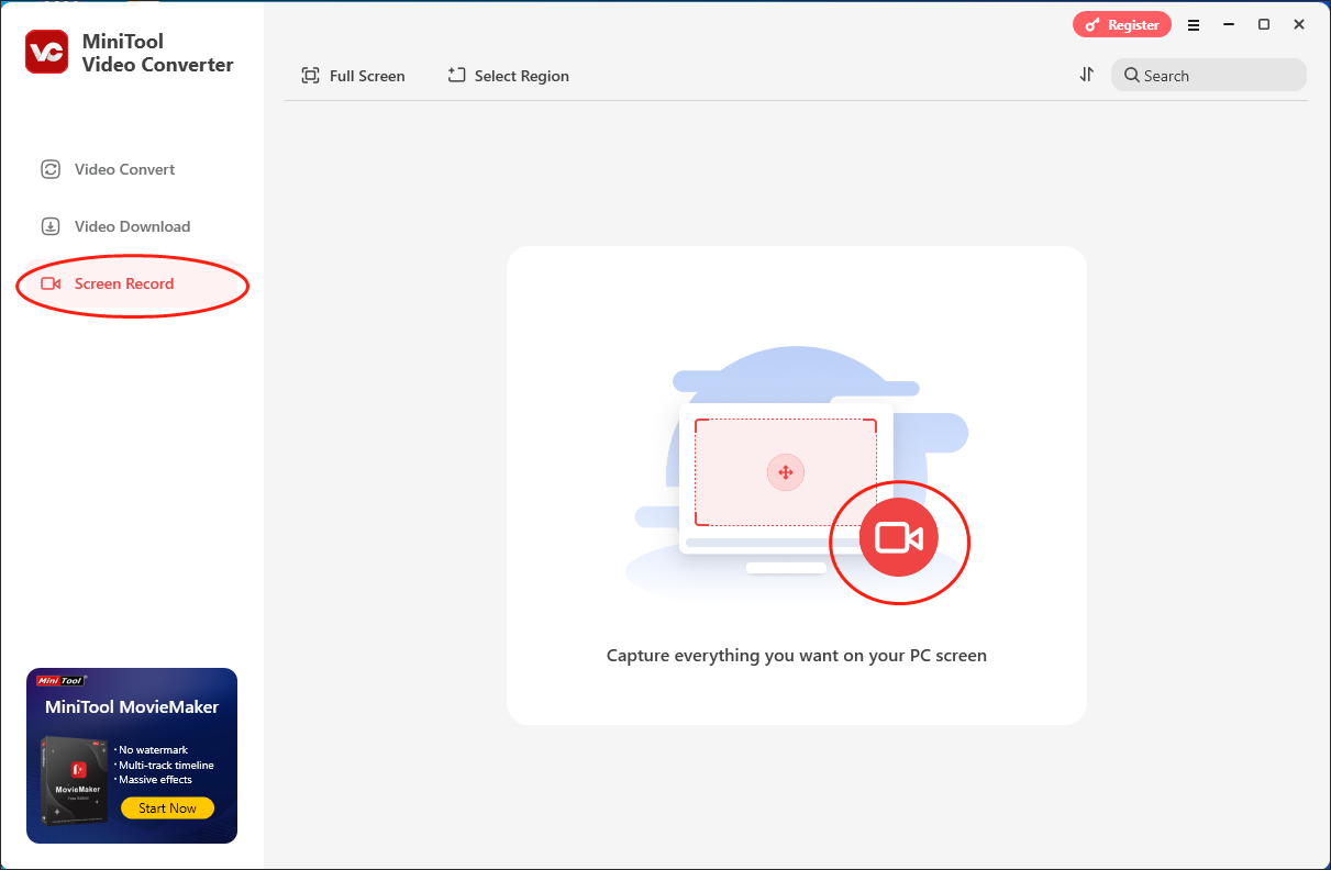 Click on the recording icon in the Screen Record module of MiniTool Video Converter to enter the MiniTool Screen Recorder window