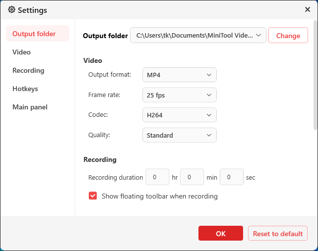 The Settings page of MiniTool Screen Recorder