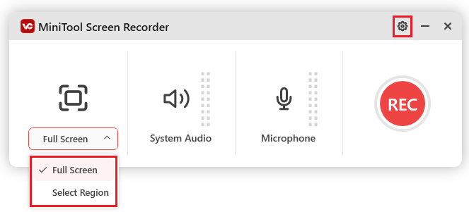 Aufnahmebereich in MiniTool Screen Recorder anpassen, indem Sie auf den Pfeil neben „Vollbild“ klicken