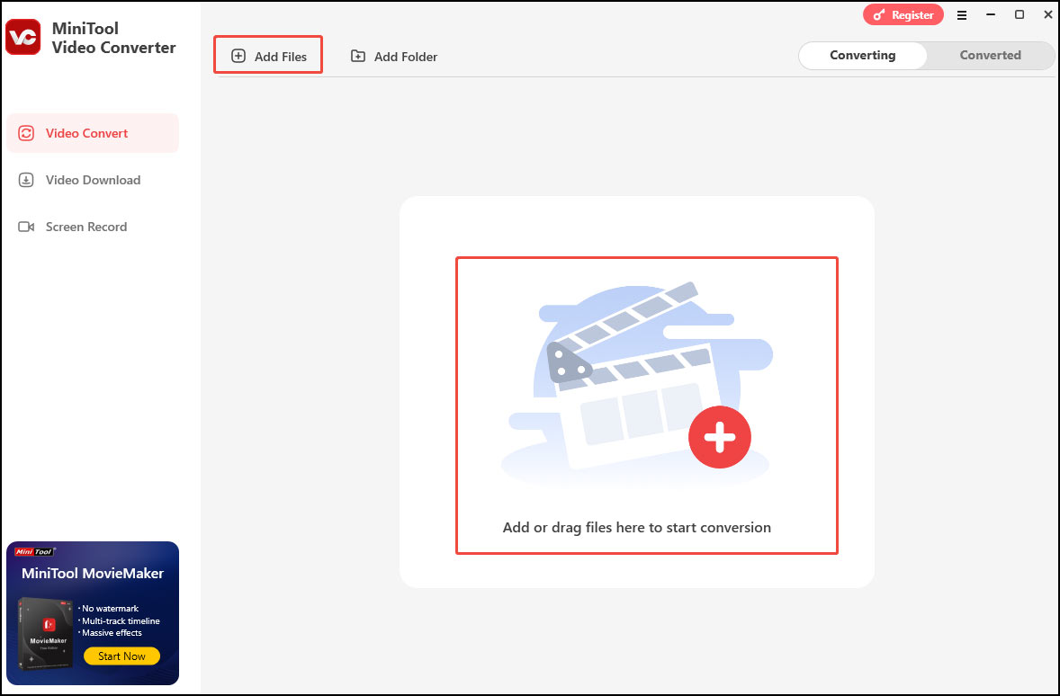 Click the Add Files button or the Add or drag files here to start conversion area to load the MP4 file