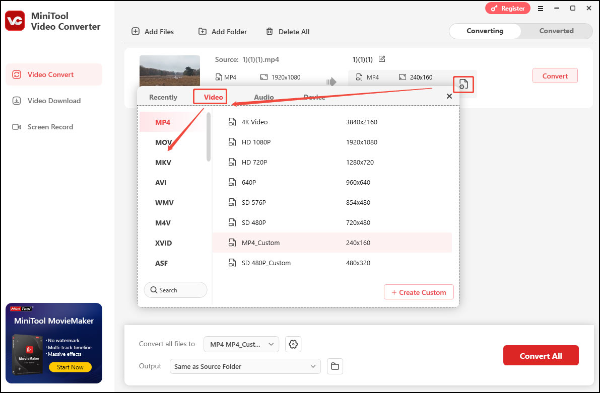 Select MP4 as the output format in MiniTool Video Converter for format conversion