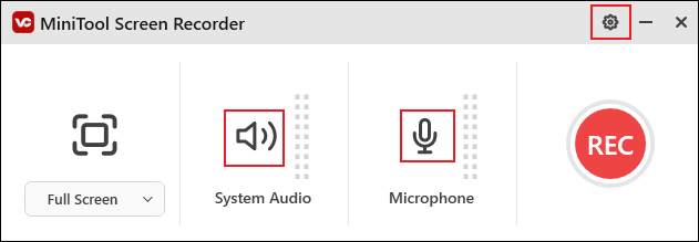 Choose the audio source you want to record and click the gear icon on the MiniTool Screen Recorder panel to adjust other recording settings