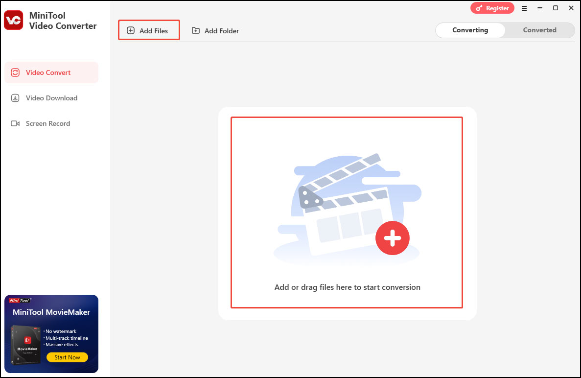 Click the Add Files button or the Add or Drag files here to start conversion area to load the M4V file