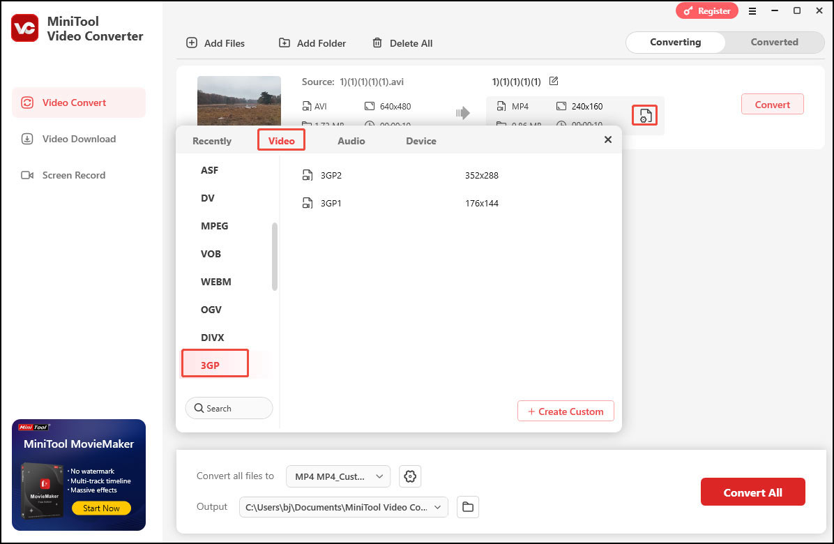 Click the Edit icon and choose 3GP as the output format under the Video tab