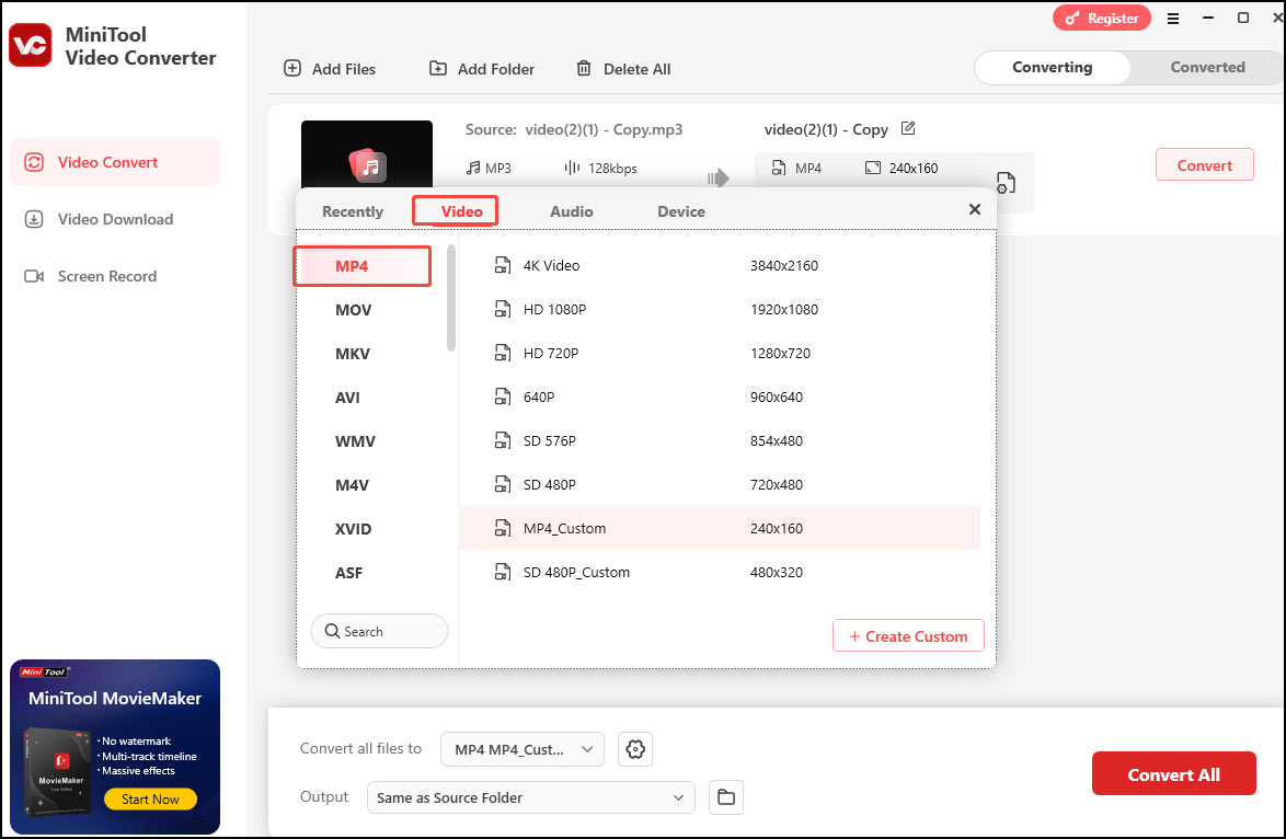 Go to the Video tab and choose MP4 as the output format