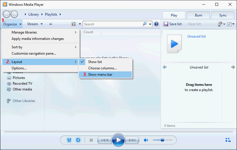 Click Organize, choose Layout from the drop-down list, and choose Show menu bar from the submenu