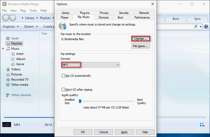 Click on the Change button under the Rip music tab to check if MP3 is the target format