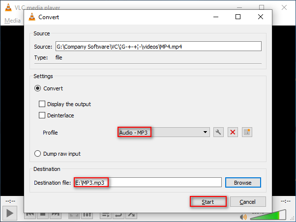Choose Audio – MP3 from the drop-down list of Profile, click Browse to select a destination, and click on the Start button