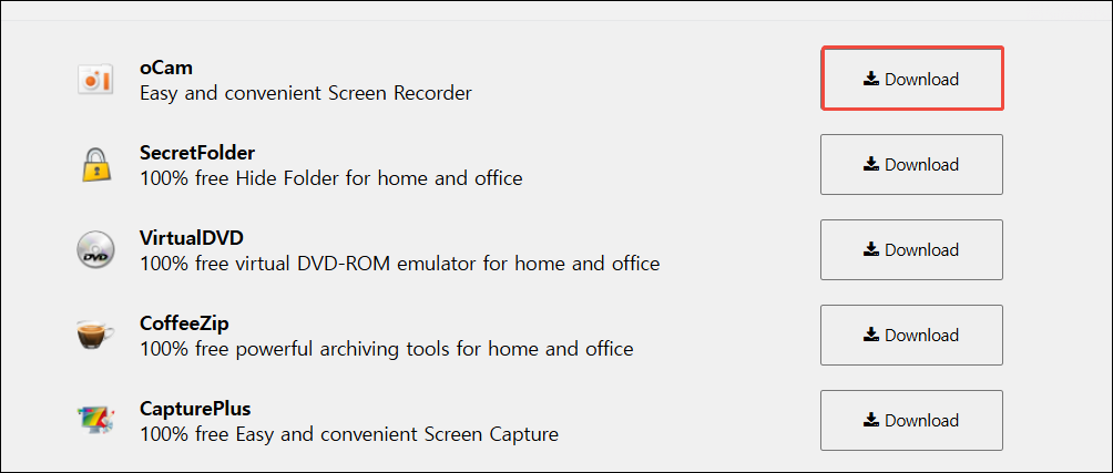 Click the Download button next to the oCam product to start downloading the recorder