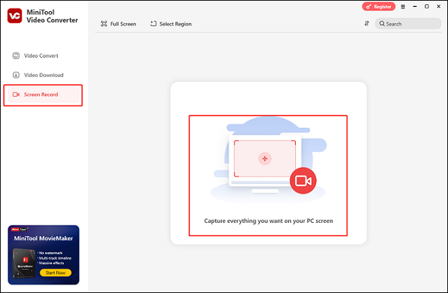 Click the Capture everything you want on your PC screen area in MiniTool Video Converter to open the MiniTool Screen Recorder window