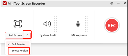 Select the recording region in MiniTool Screen Recorder for screen recording