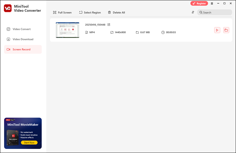 Check the recording in MiniTool Video Converter’s Screen Record section