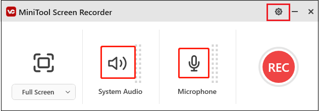 Click the System Audio icon and the Microphone icon to turn them on or off in MiniTool Screen Recorder