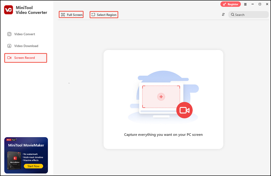 Under the Screen Record tab, click Full Screen to capture your entire screen, or choose Select Region to select the recording area