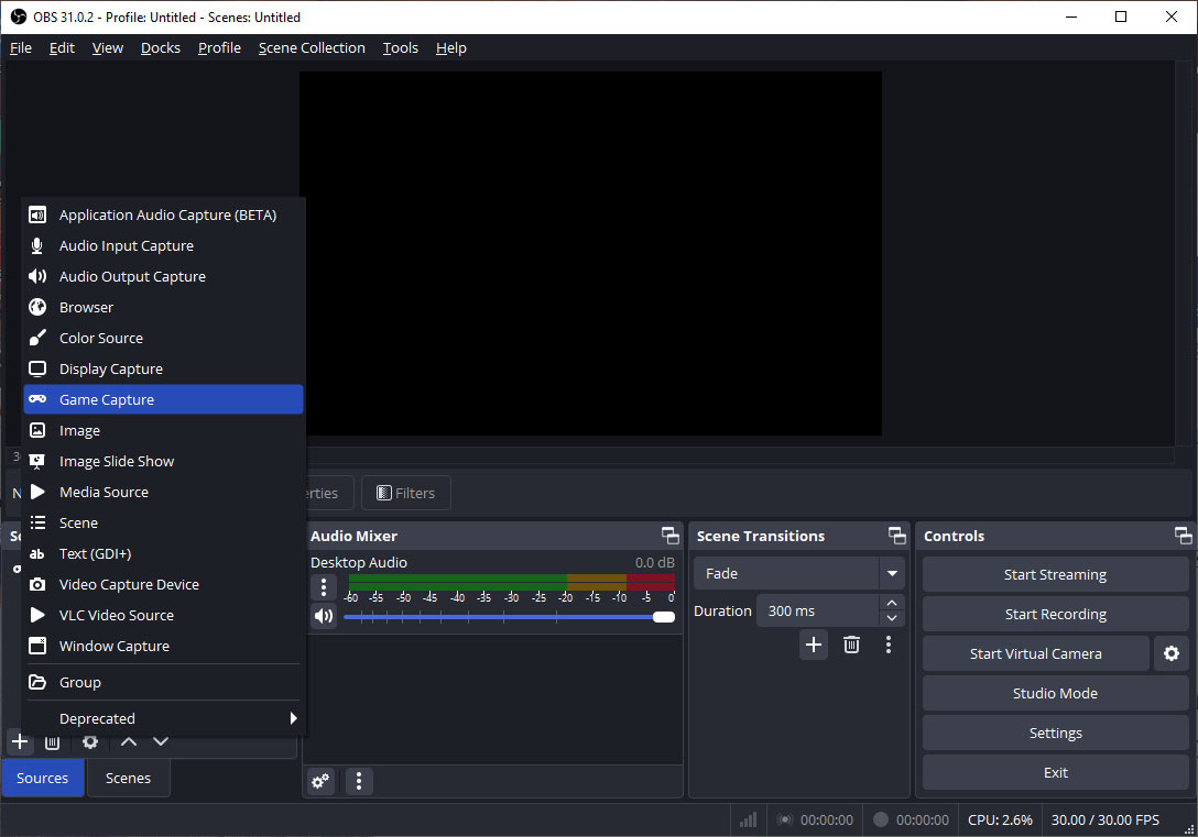 Click the plus icon in the bottom-left corner in the Sources section to choose Game Capture