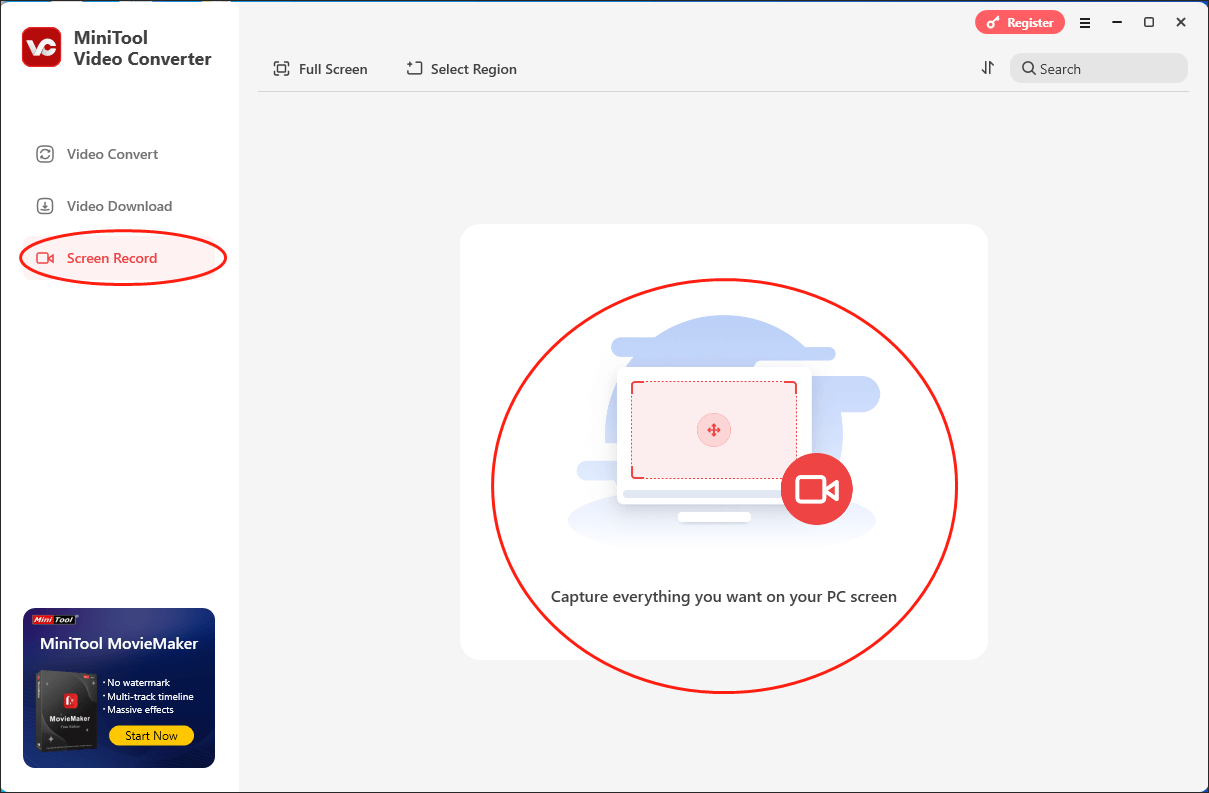 Click on Capture everything you want on your PC screen in MiniTool Video Converter to access the MiniTool Screen Recorder window