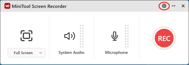 Click on the gear icon in MiniTool Screen Recorder to enter the Settings window