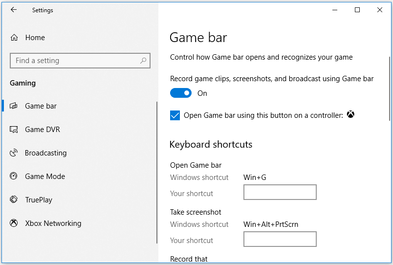 Configure the settings of Game bar in the Settings window of Windows