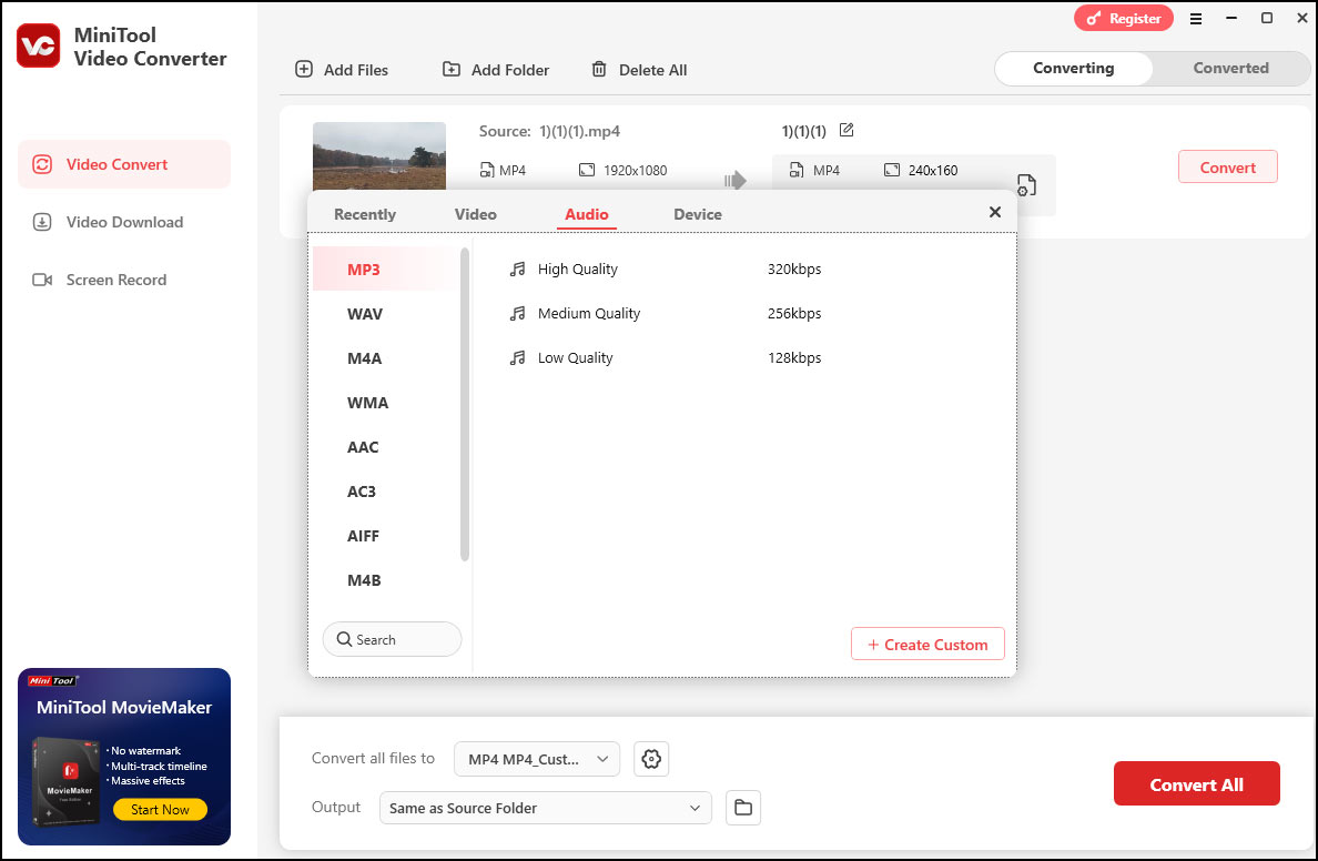 In the output format window, choose an audio format as the output format under the Audio tab
