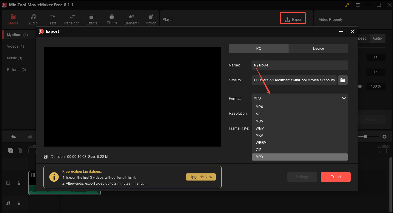 Click Export to open the Export window, expand the Format option, choose MP3 as the output format, and click the red Export button