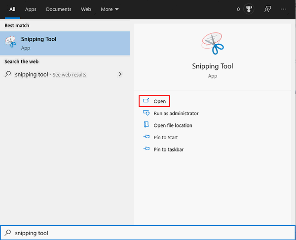 Type Snipping Tool into the search box and click Open to open Snipping Tool